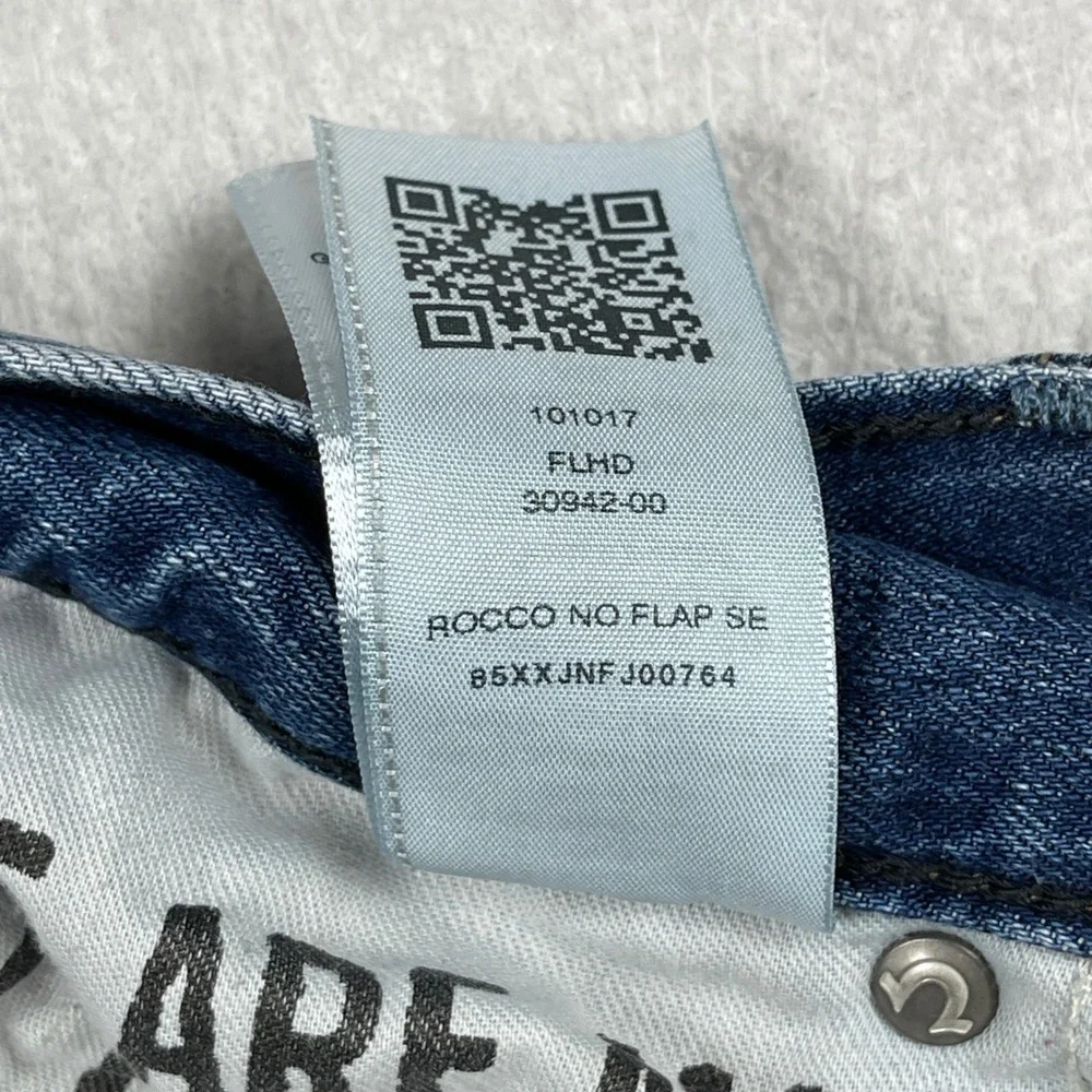 True Religion Rocco Jeans Mens 29 Blue Distressed Relaxed Skinny Side Zip Moto